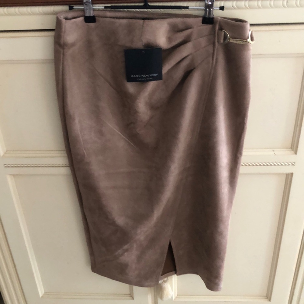 Andrew Marc Taupe Faux Suede Pencil Skirt with Side Buckle Detail